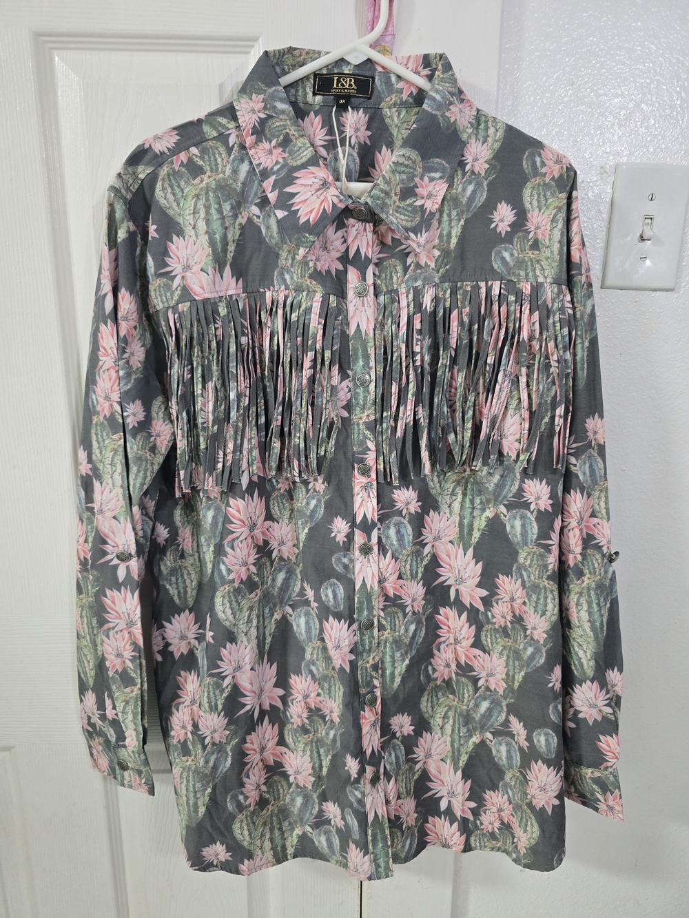 Lucky & Blessed Gray Button-Up Shirt with Pink Cactus Floral & Fringe